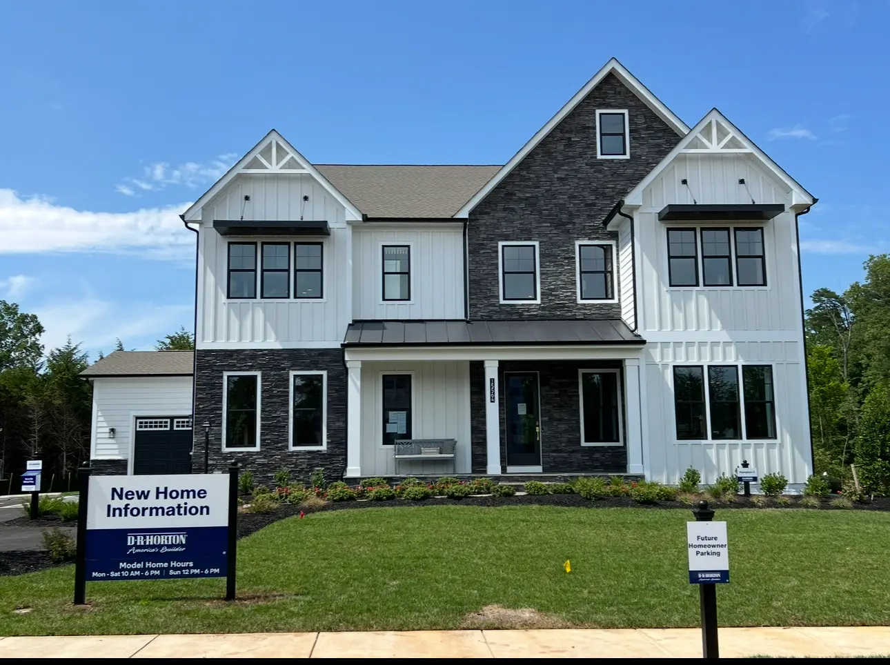 Exterior of a newly built D.R. Horton model home in The Enclave at Virginia Crossing, Haymarket, VA.